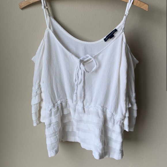 American Eagle Outfitters Tops - American Eagle outfitters cream cropped ruffle lace bell sleeved gauze top